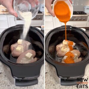 Adding all of the buffalo chicken slider slow cooker ingredients to the pot.