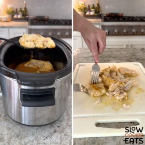Removing the cooked buffalo chicken and shredding on a cutting board.