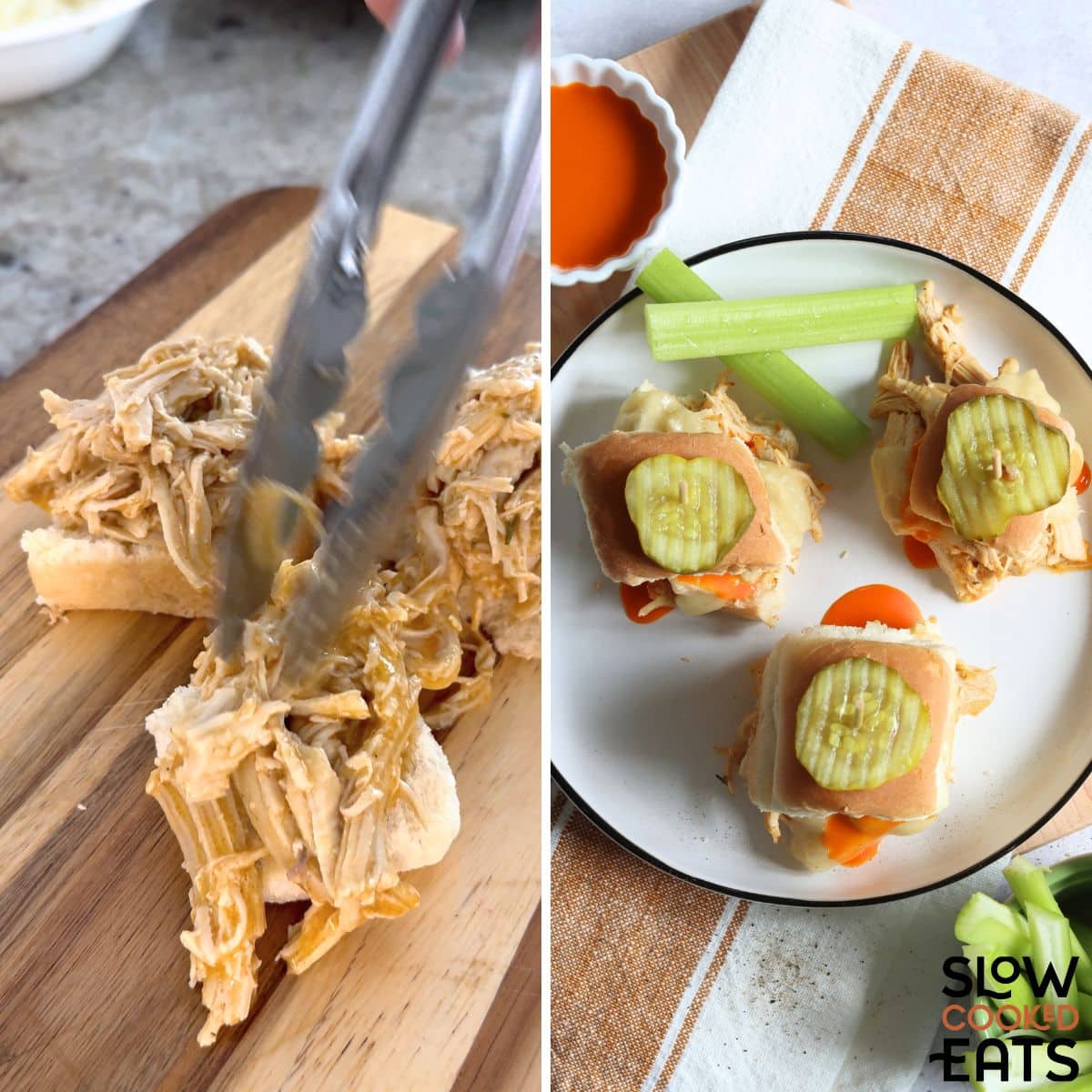 Assembling the crockpot buffalo chicken sliders on a white plate.