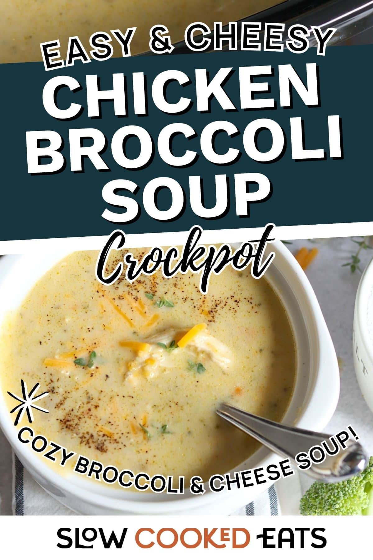 A white bowl of cheesy chicken broccoli soup made in a crockpot, topped with melted cheese and herbs.