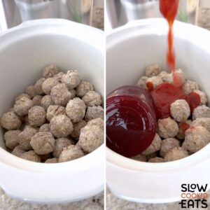 Adding cranberry sauce and chili sauce to the crockpot cranberry meatballs.