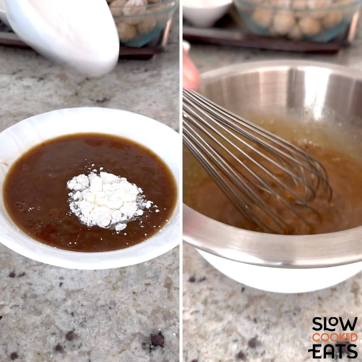 Whisking together French onion soup mix and cornstarch in a white bowl.