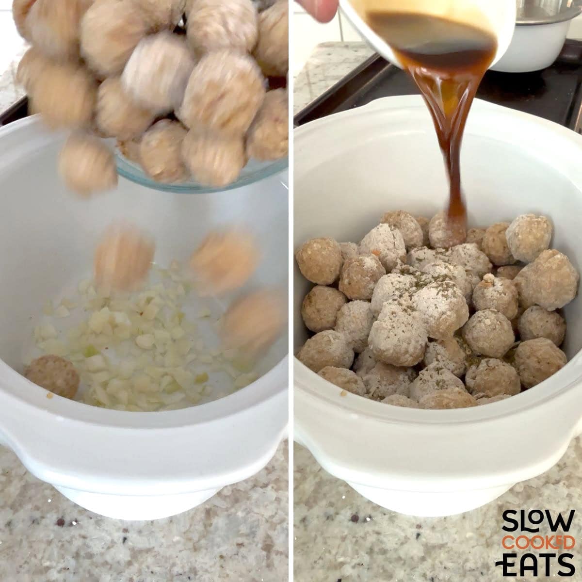 Adding meatballs and remaining French onion meatball ingredients to the crockpot.
