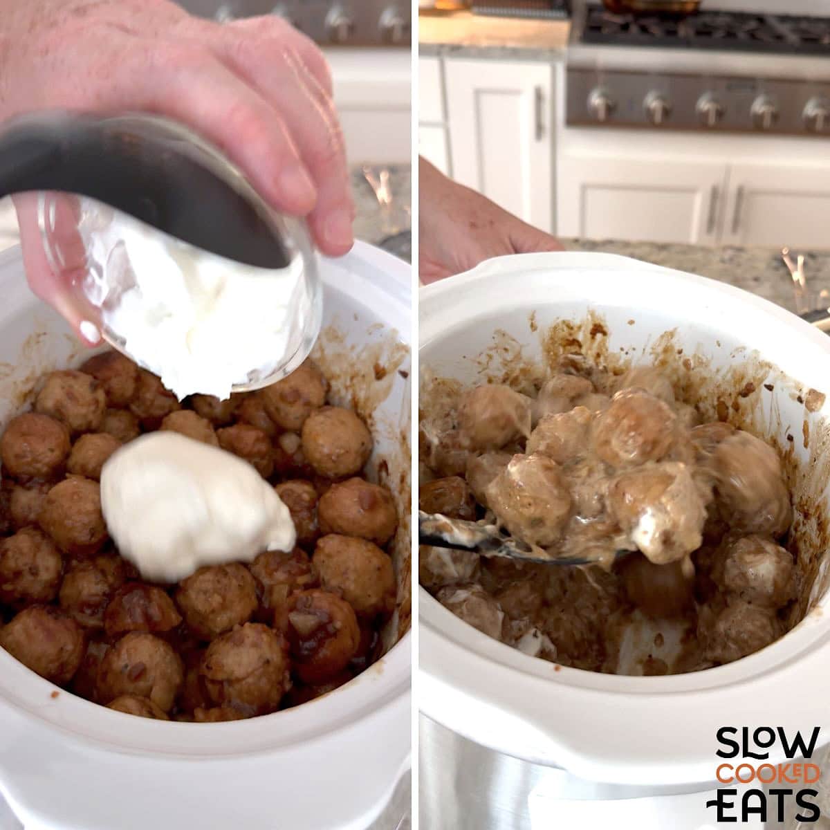 Adding the sour cream and swiss cheese to the crockpot French onion meatballs.
