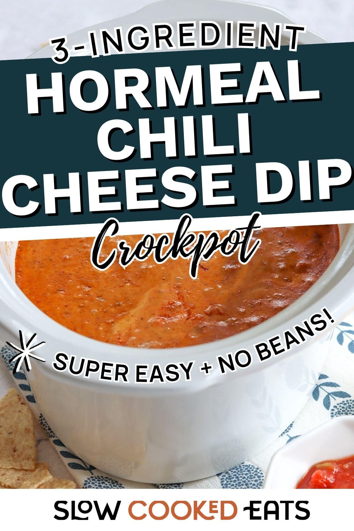 Close-up of warm Hormel chili cheese dip in a white crockpot, a creamy no-bean beef appetizer made with three simple ingredients with text overlay.