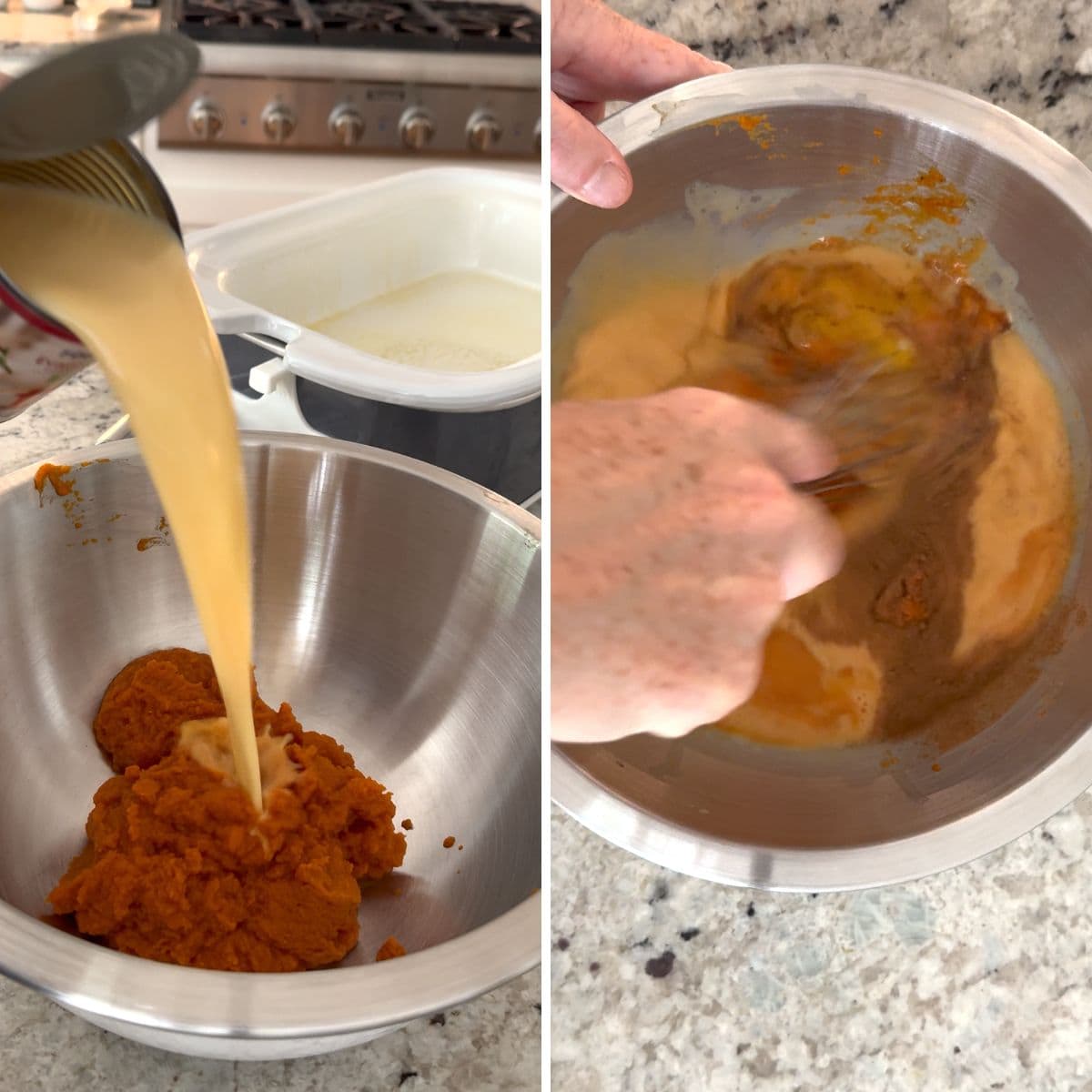 Whisking together all of the pumpkin crockpot dump cake ingredients in a large bowl.