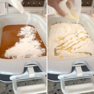 Sprinkling the cake mix over the pumpkin dump cake in crockpot then drizzling with butter.
