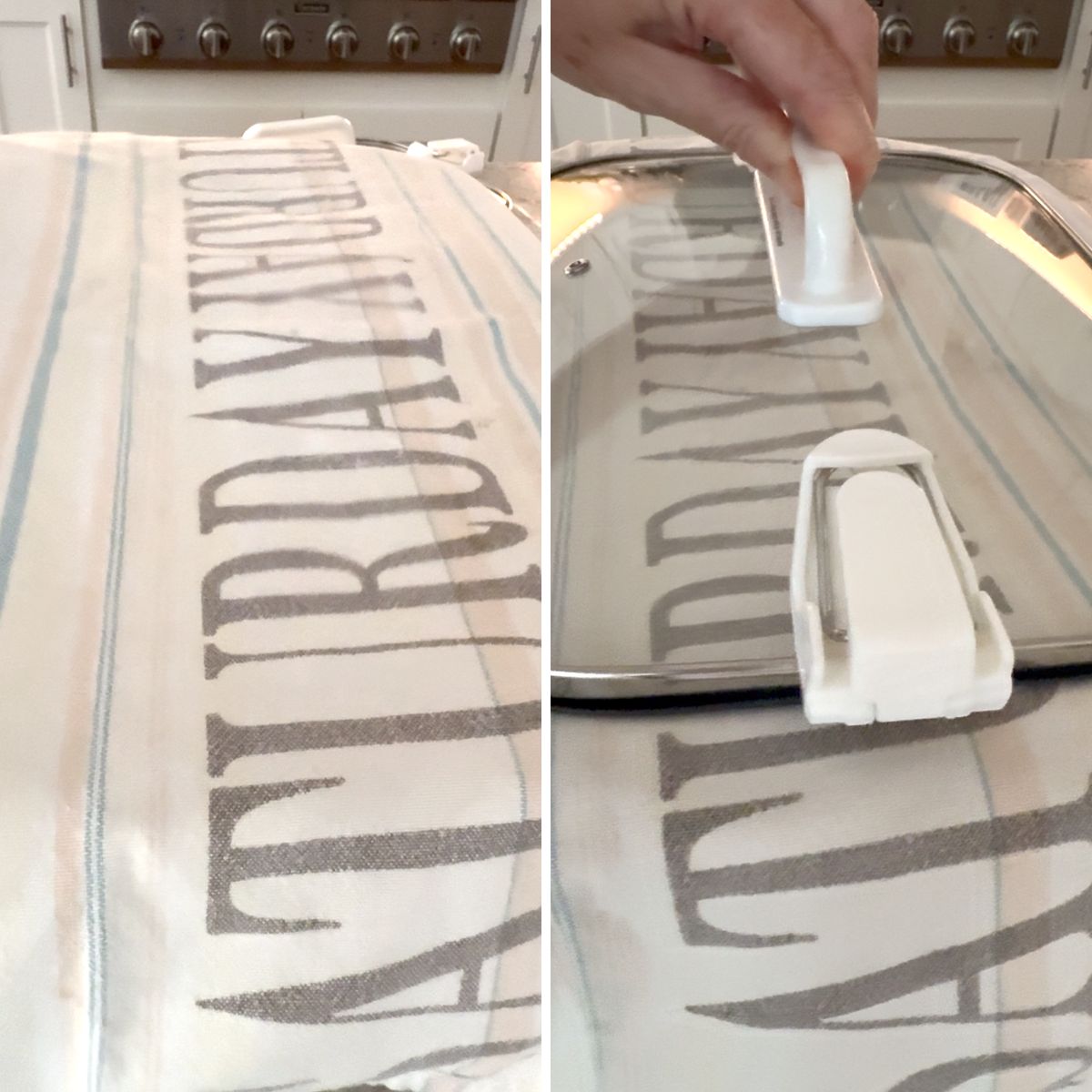 Pumpkin crockpot dump cake covered in a clean towel and the lid while slow cooking.