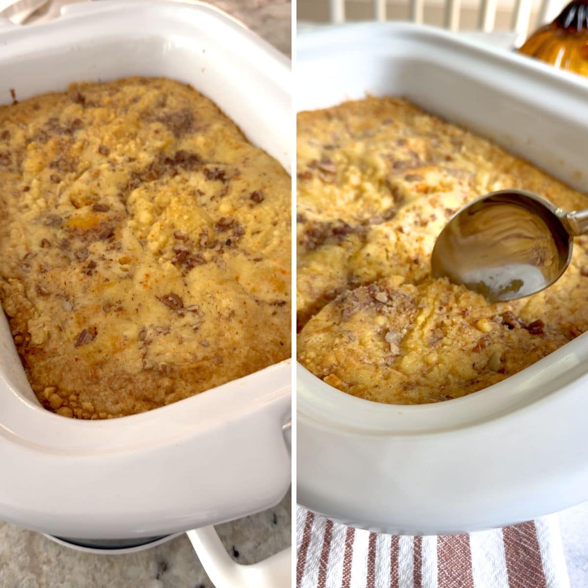 Letting the pumpkin dump cake rest in the crockpot before serving.