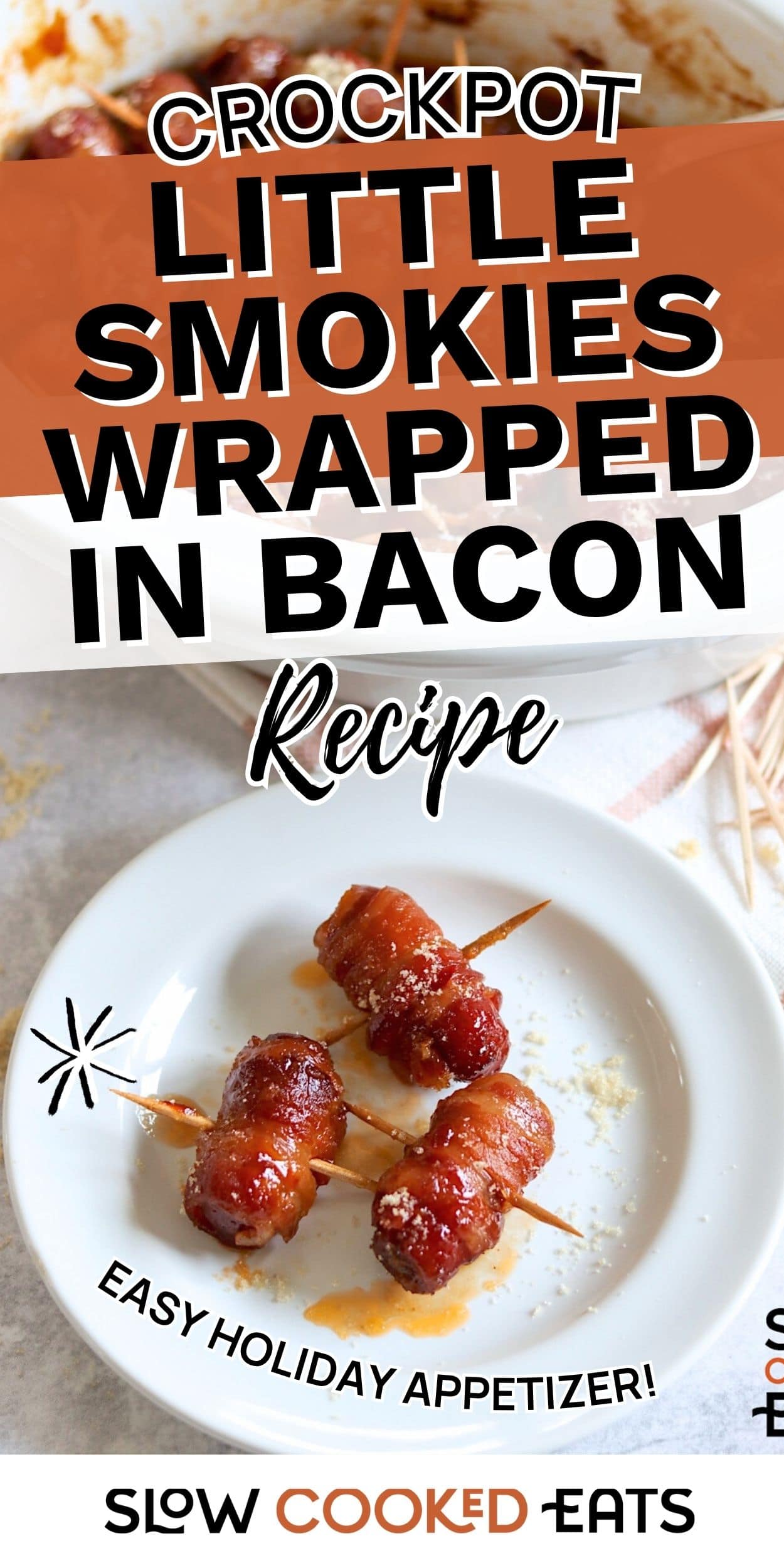 Plate of bacon-wrapped Little Smokies cooked in a crockpot, served with toothpicks as an easy holiday appetizer.