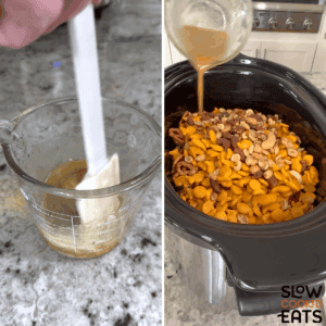 Mixing the wet ingredients and adding to the dry ingredients for parmesan ranch slow cooker Chex mix.