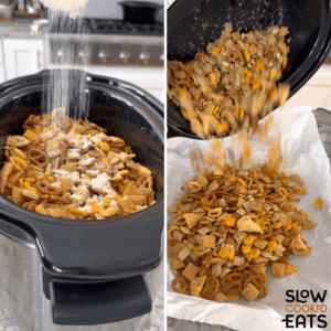 Adding parmesan cheese, mixing and spreading out the parmesan ranch slow cooker Chex mix mixture.