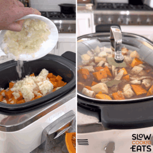 Adding the ingredients for crockpot butternut squash soup to a slow cooker and placing the lid on.