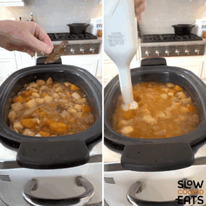Removing the bay leaf and blending crockpot butternut squash soup.