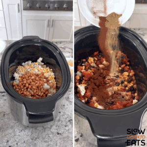 Adding ingredients to make leftover turkey chili crockpot recipe to a black oval slow cooker.