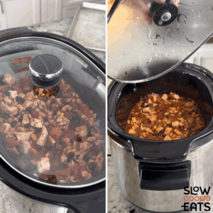 Covering and slow cooking the leftover turkey chili crockpot recipe until it is done.