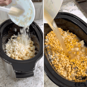 Adding ingredients for leftover turkey corn chowder crockpot recipe into a black oval slow cooker.