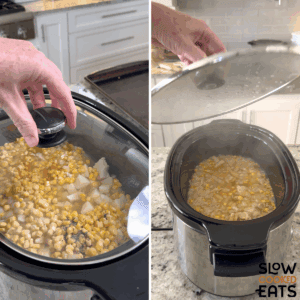 Placing the lid on the slow cooker and cooking leftover turkey corn chowder crockpot recipe until it is done.