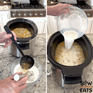 Creating a slurry for leftover turkey corn chowder crockpot recipe and adding it to the black oval crockpot.
