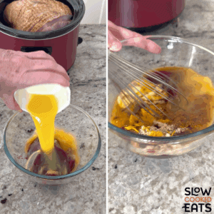 Mixing the sauce ingredients together for cranberry orange crockpot ham in a glass bowl.