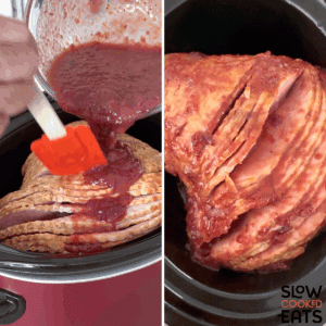 Pouring the sauce over top of the ham for cranberry orange crockpot ham recipe.