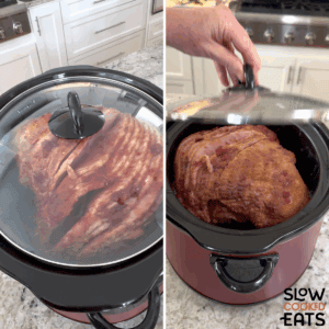 Covering the slow cooker to cook cranberry orange crockpot ham until it is done.