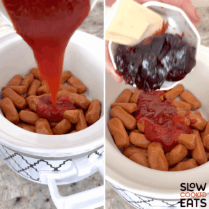 Adding chili sauce, and grape jelly on top of little smokies in a slow cooker for crockpot little smokies grape jelly recipe.