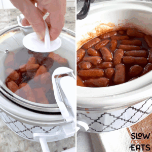 Placing the lid on the slow cooker and stirring all ingredients together for crockpot little smokies grape jelly.