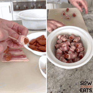 Wrapping little smokies in bacon and putting in a white oval slow cooker for crockpot little smokies wrapped in bacon recipe.