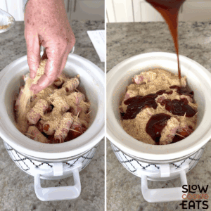 Sprinkling brown sugar and BBQ sauce over the smokies in a white oval slow cooker for crockpot little smokies wrapped in bacon recipe.