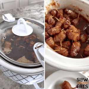 Covering the slow cooker and then serving crockpot little smokies wrapped in bacon in an oval white crockpot.