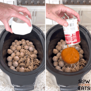 Adding meatballs, mushrooms and soup into a black slow cooker for Swedish meatballs crockpot recipe.