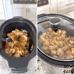 Stirring all ingredients together in the slow cooker and placing the lid on for Swedish meatballs crockpot recipe.
