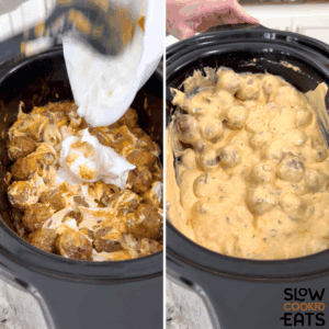 Adding sour cream and cream cheese to the slow cooker and stirring together for Swedish meatballs crockpot recipe.