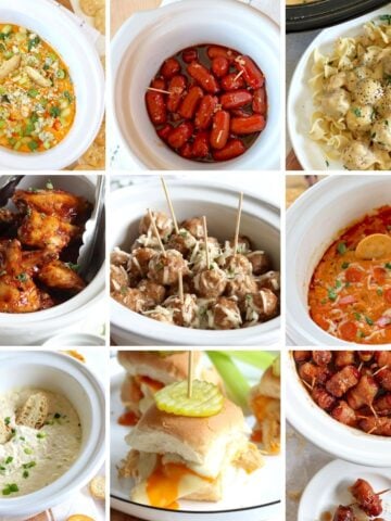 A collage of nine images of crockpot appetizers from dips to wings to smokies, meatballs, and sliders.