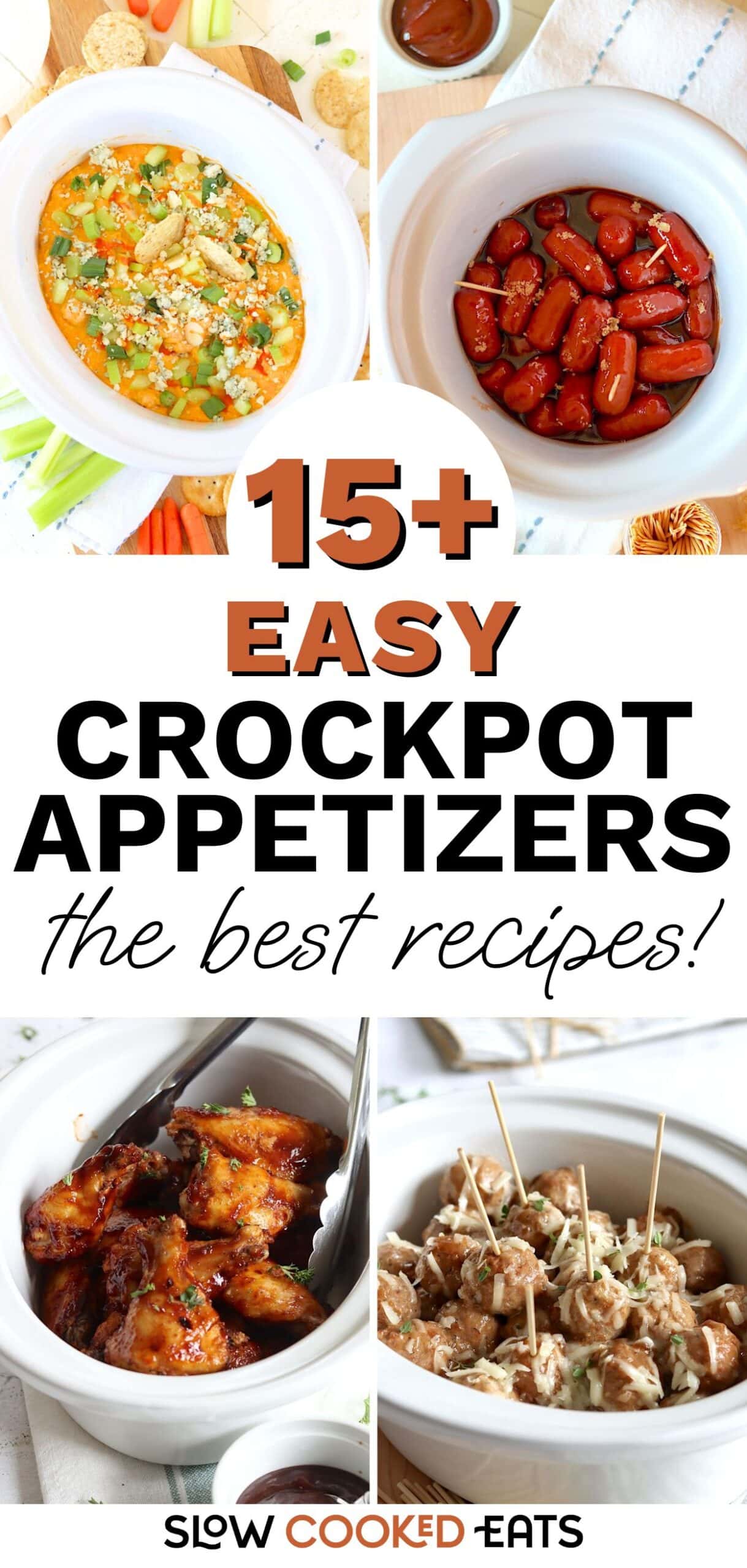 Collage of easy crockpot appetizers including dips, cocktail sausages, wings, and meatballs displayed in slow cookers, highlighting simple party-friendly recipes.