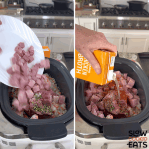 Adding ingredients needed to make crockpot split pea and ham soup recipe to a black oval slow cooker.