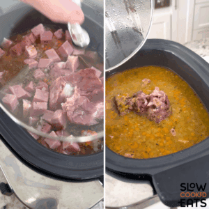 Placing and removing the cover to the slow cooker making crockpot split pea and ham soup recipe.
