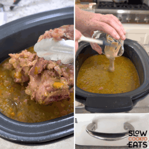 Removing the ham bone and adding mustard mixture to the slow cooker for crockpot split pea and ham soup recipe.