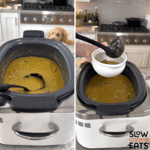 Stirring together the ingredients and serving crockpot split pea and ham soup recipe in a white round bowl.