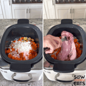 Placing the vegetables and pork loin on top in a black slow cooker for ranch crockpot pork tenderloin with vegetables recipe.