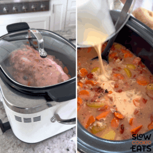 Covering the slow cooker and cooking until done- add cornstarch slurry to thicken for ranch crockpot pork tenderloin with vegetables recipe.