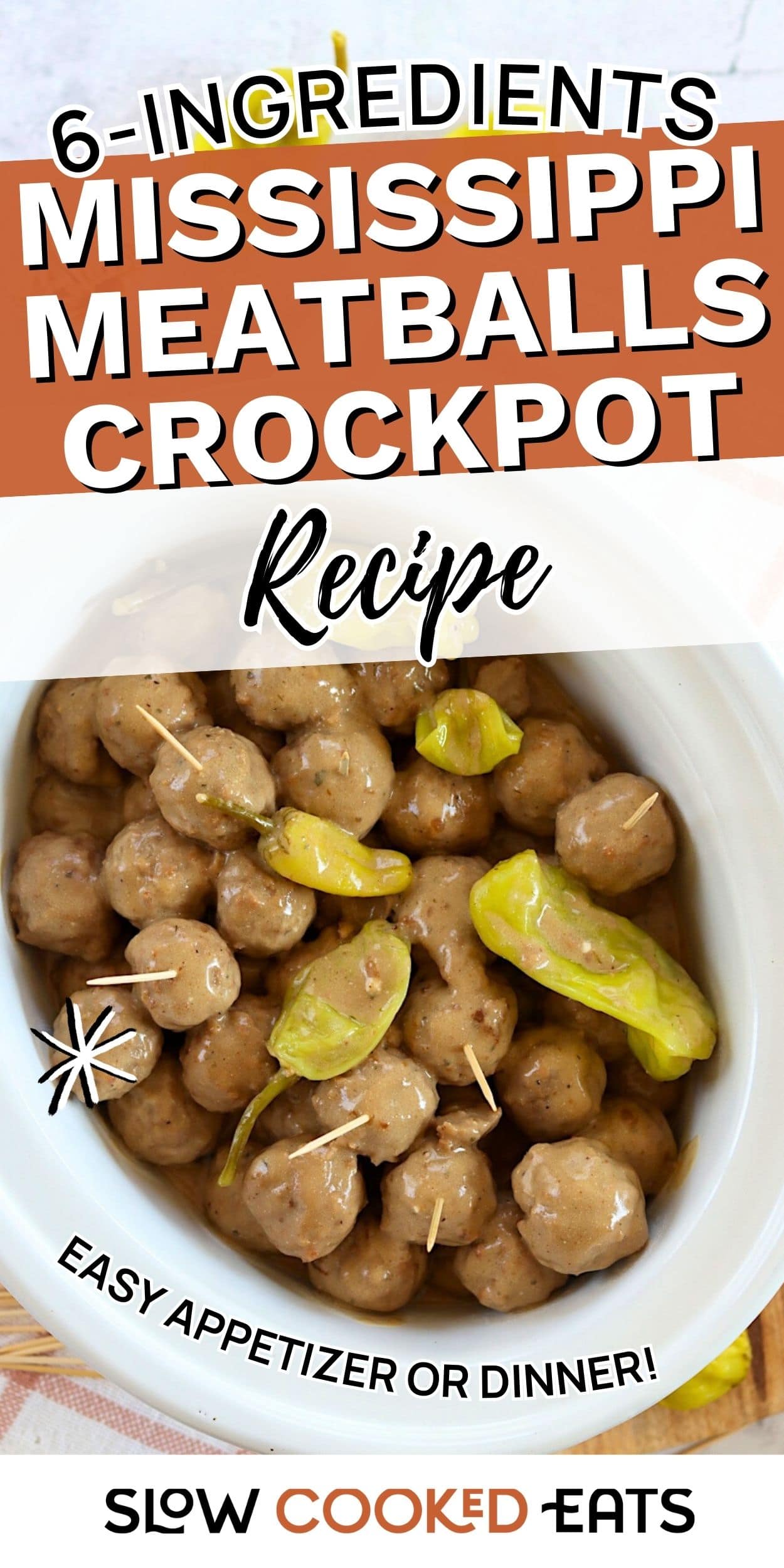 Bowl of Mississippi meatballs cooked in a crockpot with gravy and pepperoncini, served as an easy slow cooker meal.