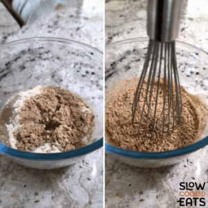 Mixing together the dry ingredients and broth needed to make Mississippi meatballs crockpot recipe in a glass bowl.