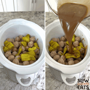 Putting the meatballs and pepperoncini peppers in a white oval slow cooker and pouring the spice and broth mixture over the top for Mississippi meatballs crockpot recipe.
