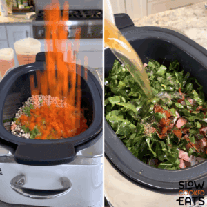 Pouring all ingredients needed to make crockpot ham and black eyed pea soup with collard greens into a black oval slow cooker.