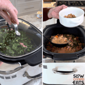 Covering the slow cooker and cooking until the crockpot ham and black eyed pea soup with collard greens is done and then ladling into a bowl.