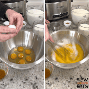 Cracking eggs into a silver bowl and whisking them with sugar for crockpot eggnog.