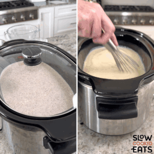 Slow cooking crockpot eggnog until it is done, whisking periodically.