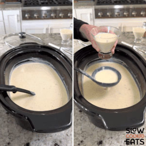 Stirring crockpot eggnog with a black ladle and serving into a glass warm or chilled.